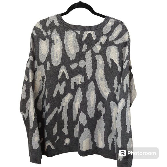 7 Seasons Gray Cheetah Print Heavy Crew Neck Cotton Cashmere Blend Sweater Large - Picture 5 of 5